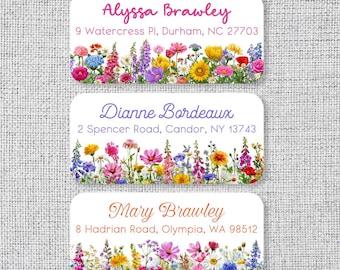 Set di 48 etichette personalizzate miste con vivaci fiori selvatici, primavera/estate, per indirizzo di ritorno, adesivi personalizzati con nome, etichette aziendali, set da 48, A1002