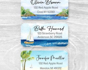 Juego de 48 etiquetas personalizadas de dirección de retorno con diseño de paisaje marino en acuarela: faro, playa, árbol, océano, verano.