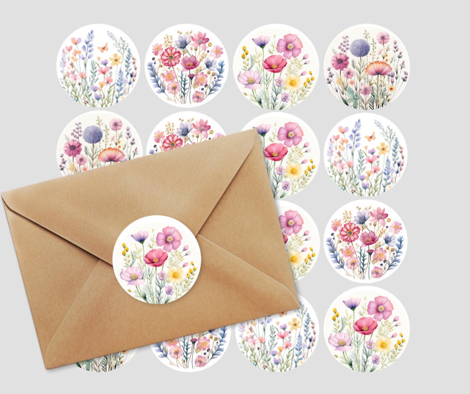 Mixed Designs Wildflowers Round Labels, Spring Flowers Envelope Seals ...