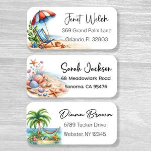 Set di 48 etichette personalizzate per l'indirizzo di ritorno, adesivi personalizzati per campeggio estivo con palme da spiaggia tropicali, regalo di inaugurazione della casa