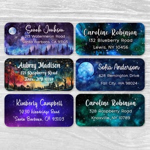May include: Six rectangular address labels featuring celestial and night sky themes. Each label displays a unique name and address in white script and sans-serif fonts, including Sarah Jonhson, Caroline Robinson, Aubrey Madison, Sofia Anderson, and Kimberly Campbell.