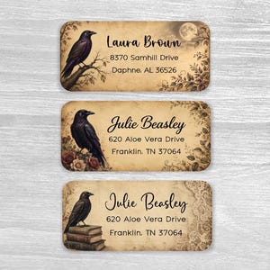 May include: Three rectangular address labels with a vintage parchment background. The top label features a crow on a branch and the moon. The middle label shows a crow and roses. The bottom label displays a crow perched on a stack of books.