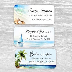 Set di 48 etichette personalizzate per l'indirizzo di ritorno, adesivi personalizzati per spiaggia tropicale, albero di cocco, barca a vela, oceano, matrimonio estivo, regalo di inaugurazione della casa