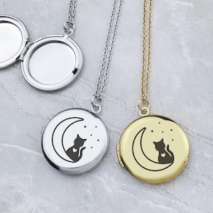 Cat with Moon Locket Necklace, Golden Stainless Steel locket Engraved Round Locket Necklace, Photo Keepsake, Best Gift, EL118