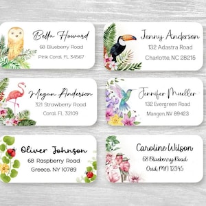 Set of 48 Personalized Tropical Bird Hummingbird Owl Flamingo Nature Leaves Spring Summer Cute Return Address Labels, Custom Stickers