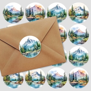 May include: A set of 12 round stickers featuring watercolor illustrations of mountains, trees, and lakes. The stickers are perfect for adding a touch of nature to your crafts, journals, or gifts.