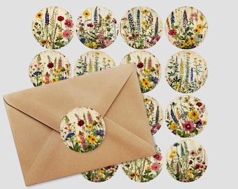 Mixed Wildflowers Round Labels, Vintage Style Flowers Envelope Seals, Junk Journal Stickers, Scrapbooking, Gift Packaging Decor, ES034
