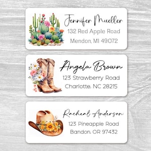 Set di 48 etichette personalizzate con indirizzo di ritorno, stile western, stile cactus, stile cowboy, stile cowgirl, regalo di inaugurazione della casa, adesivi con nome personalizzato