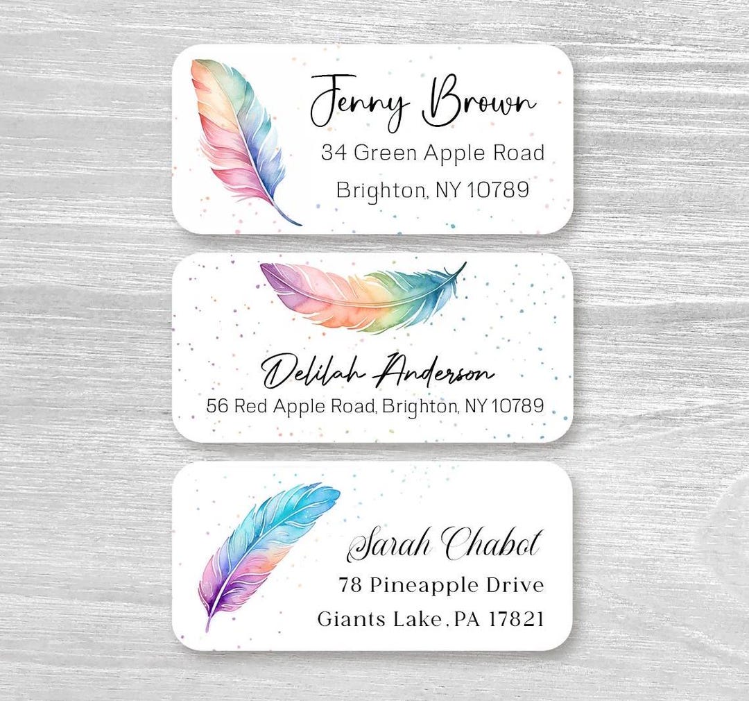 Set of 48 Personalized Watercolor Rainbow Color Feather Boho Return ...