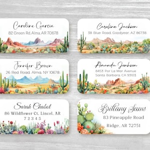 Set di 48 etichette personalizzate per l'indirizzo di ritorno, adesivi personalizzati per matrimonio, regalo di inaugurazione della casa estiva con paesaggio di montagna e cactus nel deserto