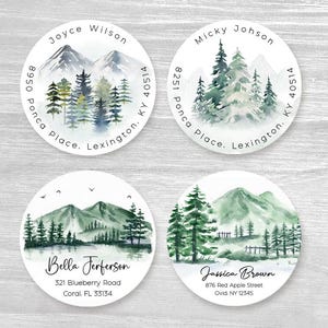 Personalisierte runde Aquarell Bäume Berg Wald Landschaft Hochzeit Adressaufkleber, individuelle Aufkleber, Umschlag Aufkleber,