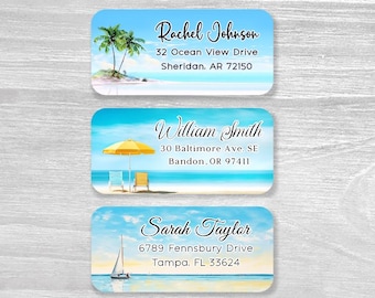 Set of 48 Personalized Return Address Labels, Tropical Beach Palm Tree Sailboat Ocean Summer Wedding Custom Stickers, housewarming gift