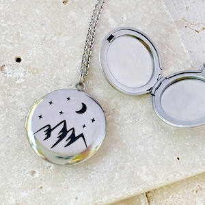 Mountain and Moon Engraved Locket Necklace, Stainless Steel Round Locket Necklace, Photo Keepsake, Best Gift, EL002