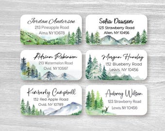 Set of 48 Personalized Trees Mountain Woodland Deer Landscape Spring housewarming gift Wedding Return Address Labels, Custom Stickers
