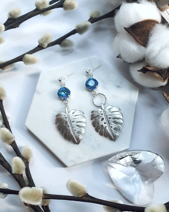 Monstera Leaf Earrings With Swarovski Crystals Etsy