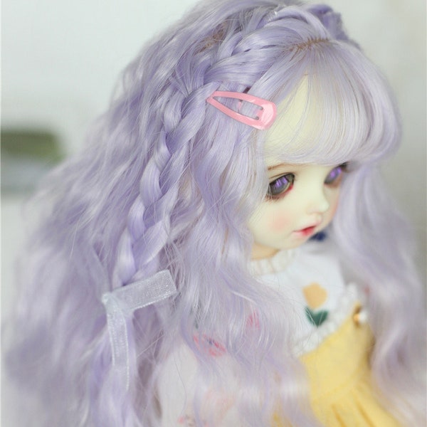 1/3 1/4 1/6 bjd wavy wig, bjd wig, bjd curly wig, doll long wig with bang and braids 6-7" 7-8" 8-9" pink wig, bjd doll purple wig