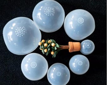 May include: Set of seven clear plastic dome molds with a textured surface. The domes are various sizes and are arranged in a circle around a small potted plant.