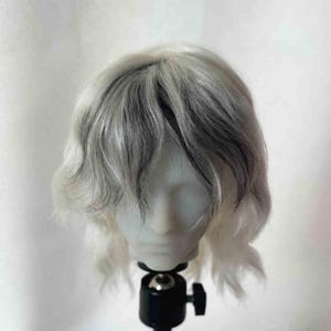 May include: A doll head with a wig of wavy, layered, white hair with streaks of dark grey. The wig has a natural-looking hairline and is styled with bangs. The doll head is mounted on a black stand.