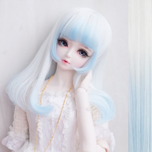 1/3 1/4 1/6 dolls sd BJD doll wig gradient blue for 6-7&quot; 7-8&quot; 8-9&quot; 9-10&quot; Blythe Head cute long big wavy wig, bjd curly hair with blunt bangs