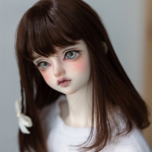 May include: A doll with long brown hair, wearing a white shirt. The doll has blue eyes and a light pink blush on her cheeks.