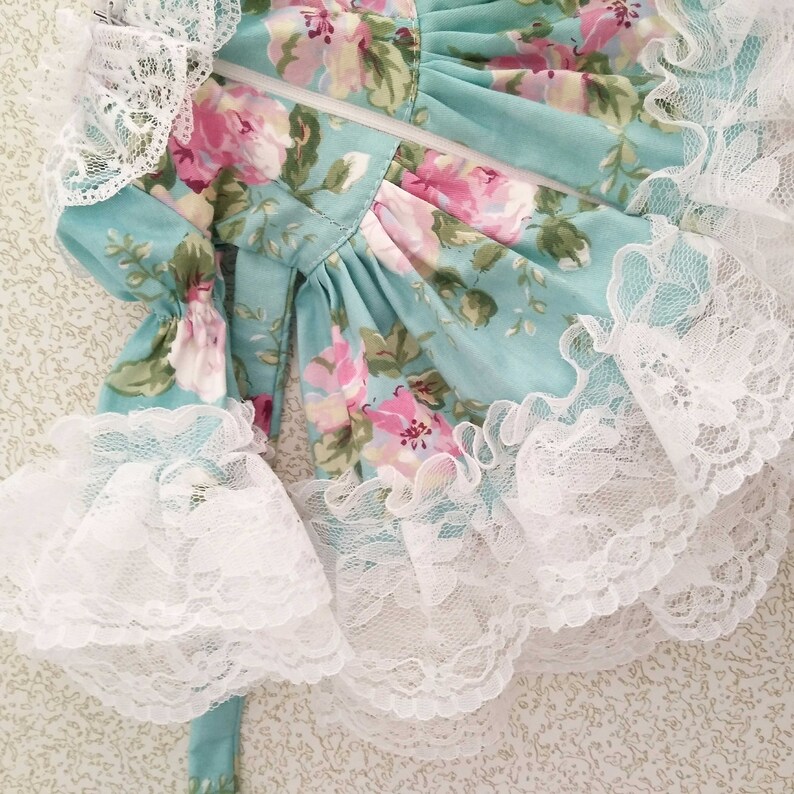 May include: A light blue dress with a floral print and white lace trim. The dress has a zipper closure and a tie at the back.