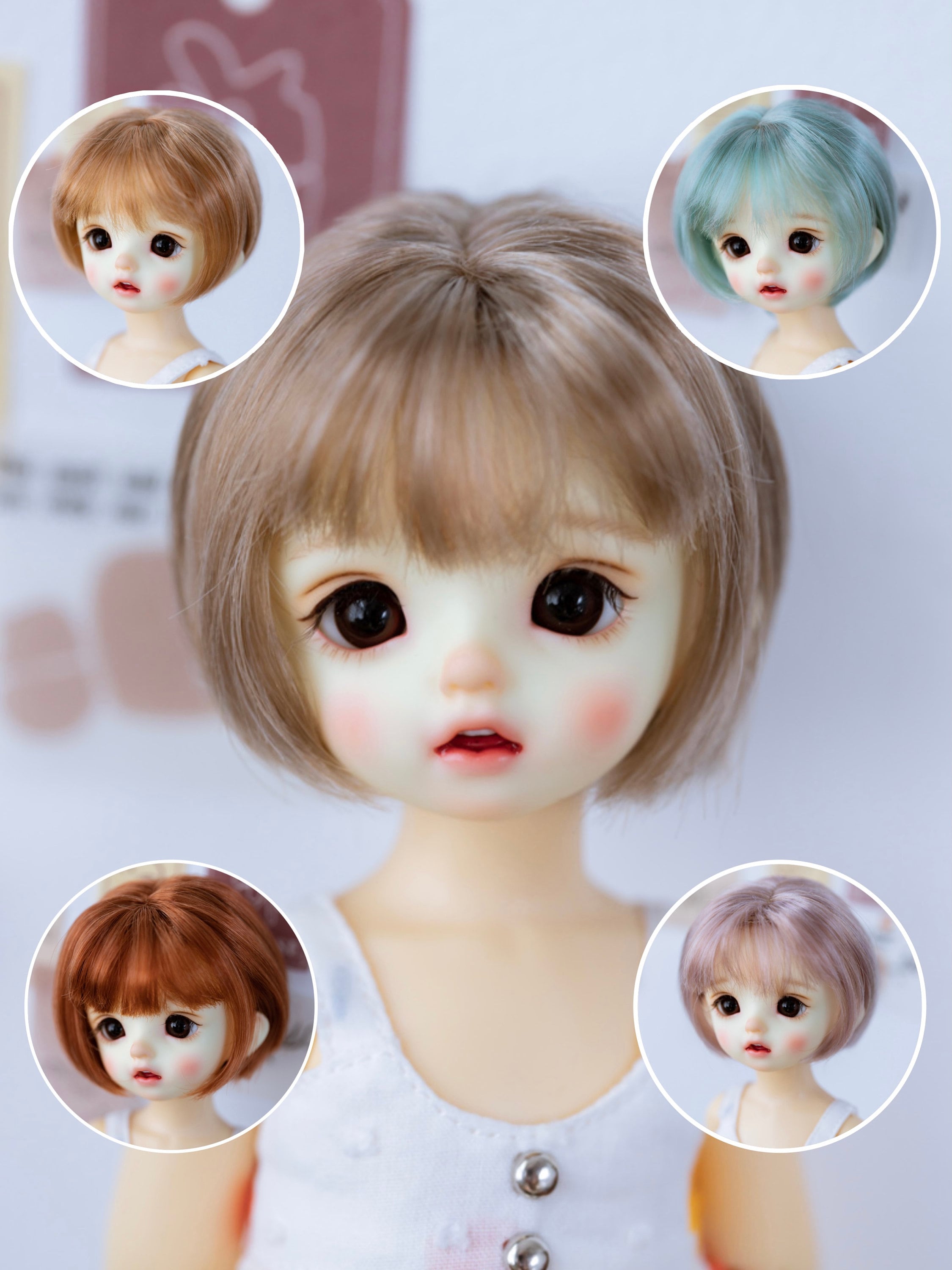 1/4 BJD doll wig cute short wig for 6-7" 7-8" Head straight wig, 1/6 bjd hair w/ blunt bangs Purple Blonde Blue Brown