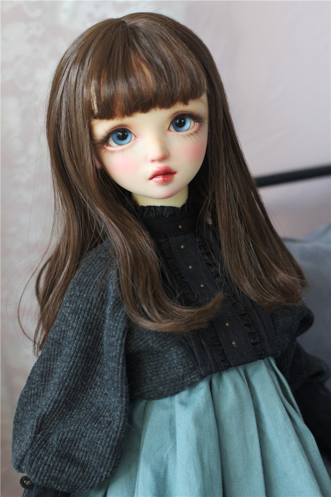 BJD Doll Wig Bjd Wig Chocolate Dark Brown Hair With Bang Long Etsy