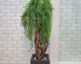 Artificial bonsai tree Willow No. 157 in a tall decorative pot in antique bronze color