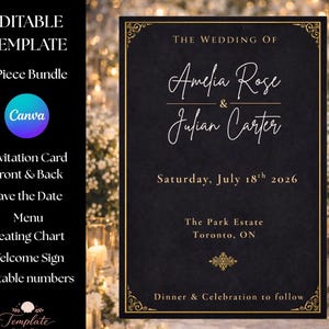 Puede incluir: Una plantilla de invitación de boda negra con detalles dorados. El texto dice "The Wedding of Amelia Rose & Julian Carter" e incluye la fecha, el lugar y "Dinner & Celebration to follow". El lado izquierdo enumera el paquete de plantillas editables.