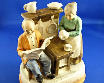 Musical Figurine / Music Box 1960s SANKYO Japan / Elderly couple, tea time in kitchen. Plays "No Place Like Home" LOVELY!