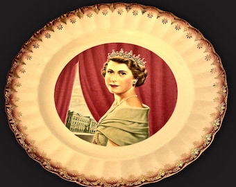 QUEEN Elizabeth / LIMOGES / 1953 Coronation / 22K Art Display Plate / "Girls of Great Britain & Ireland" Tiara / RARE Royalty Memorabilia