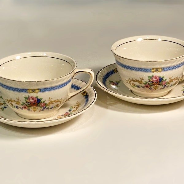 OLD ENGLISH Johnson Bros 1940s Two Tea Cups and Saucers Embossed Scalloped Gilt Trim Made in England WWII Era Rare