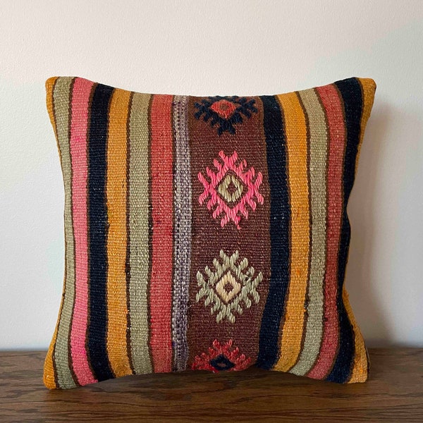 Kilim Pillow Case, Vintage Cushion Cover, Traditional Pillow, 16x16 Cushion Cover, Sofa Throw Pillow, Living Room Pillow, Ethnic Cushion