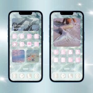 May include: Two screenshots of an iPhone displaying a custom home screen with a mermaid tail and ocean-themed icons. The date is Saturday, April 29. The icons are pink and white with a light blue background.