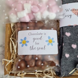 May include: A gift box filled with brown shredded paper, a bag of chocolate sweets, a bag of pink and white marshmallows, and a pair of grey socks with pink hearts. The bag of chocolate sweets has a label that says "Chocolate is good for the soul" with a smiley face flower on each side.