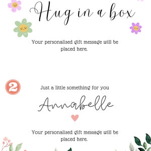 May include: A printable gift tag with a floral border. The tag says "Name, sending you a little Hug in a box" and "Just a little something for you Annabelle".