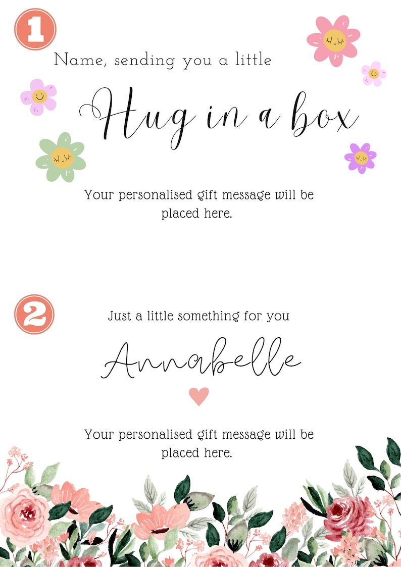May include: A printable gift tag with a floral border. The tag says "Name, sending you a little Hug in a box" and "Just a little something for you Annabelle".