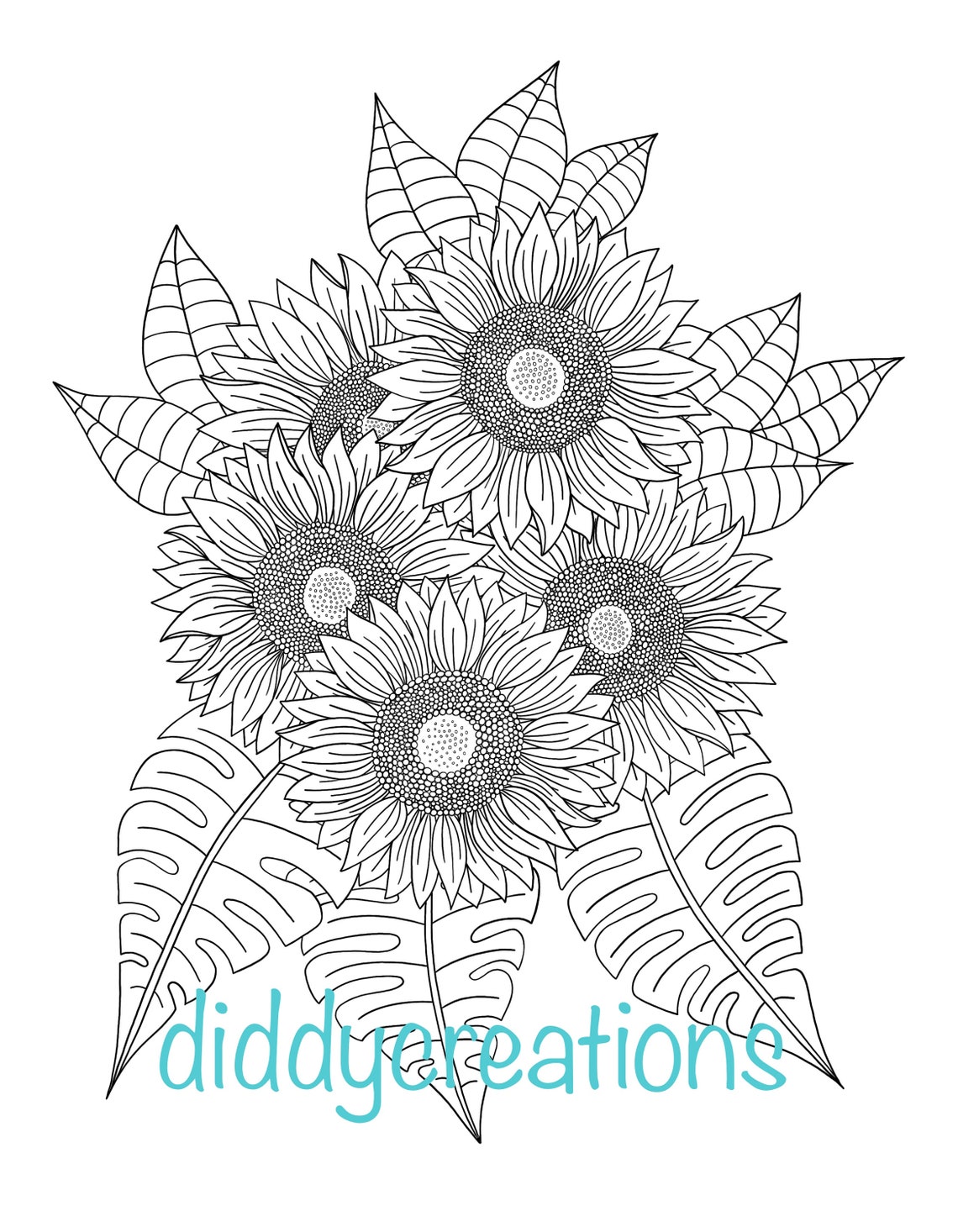 Sunflowers Coloring Page Printable Adult Coloring Page Digital Download ...