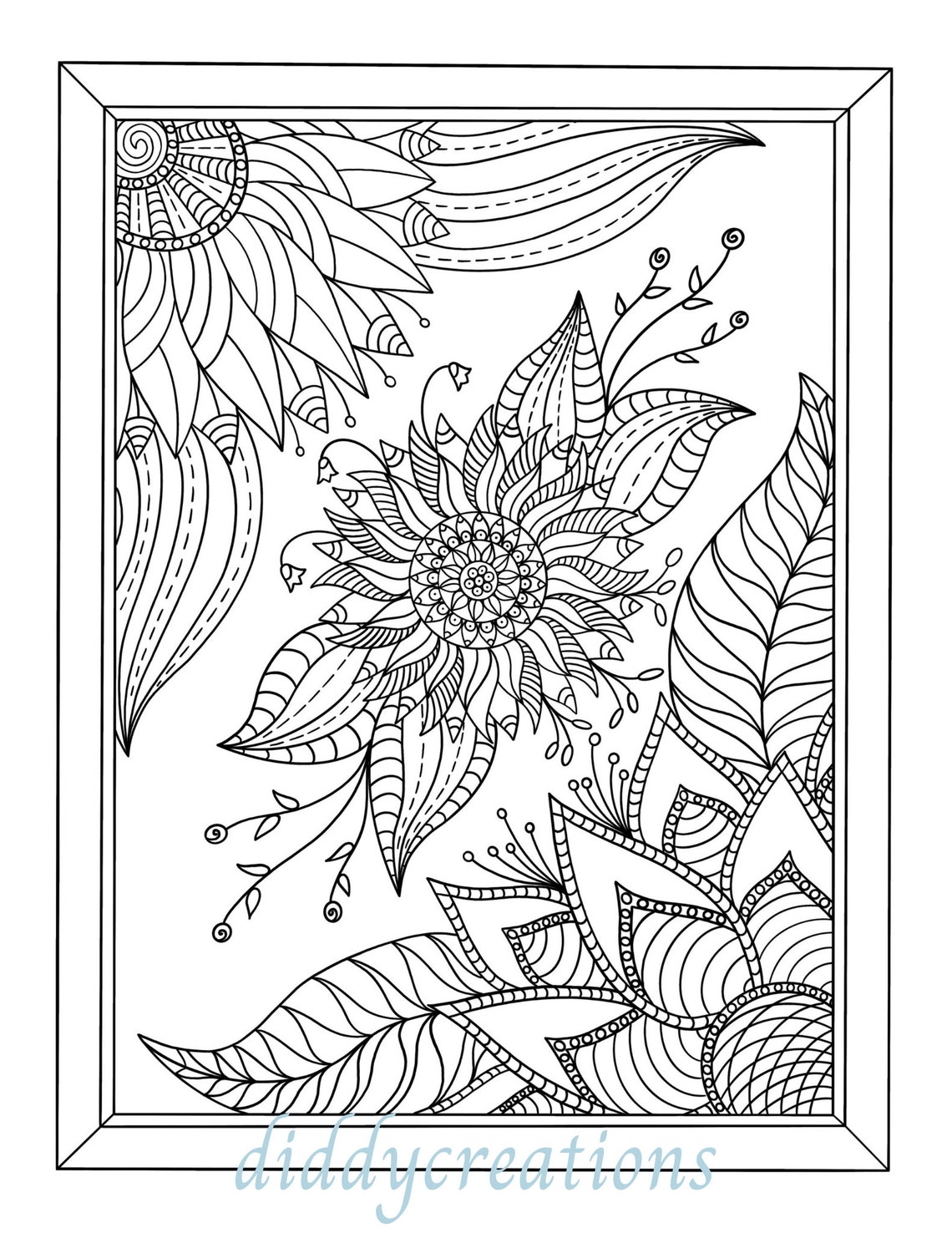 Zentangle Flowers Coloring Page PDF Whimsical Coloring Digital Download