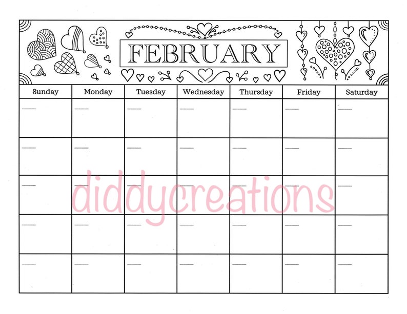 February Monthly Calendar Page Coloring Page PDF Digital Download ...