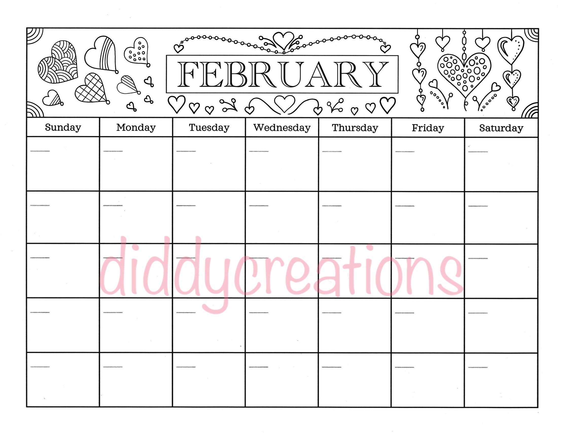 February Monthly Calendar Page Coloring Page PDF Digital Download ...