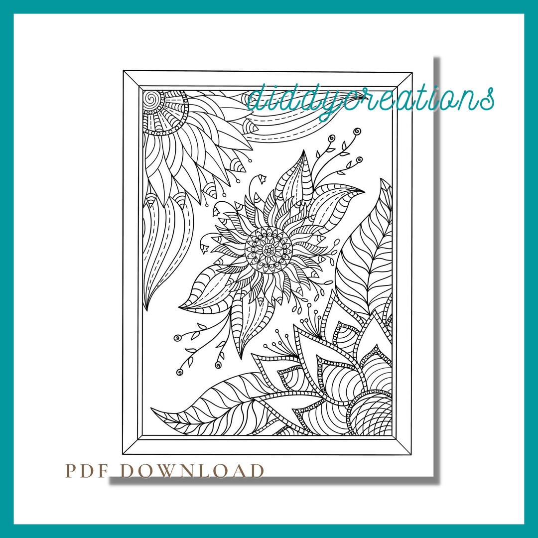 Zentangle Flowers Coloring Page PDF Whimsical Coloring Digital Download