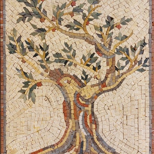 May include: A mosaic artwork depicting a stylized olive tree with a brown trunk and green leaves. The tree is made of small, colorful tiles arranged in a geometric pattern.