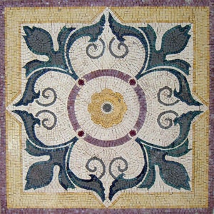 40" Geometric Floral Mosaic Tile Mural: Marble Flooring, Indoor/Outdoor