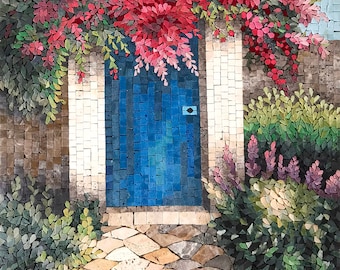 BOTANICAL MOSAIC TILES | Mosaic Wall Art For Outdoor Garden| Blue Door Mosaic Stone Art For Wall Décor And Garden Decor