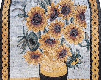 VAN GOGH ART - Handmade Van Gogh Sunflower Vase Arched Marble Mosaic Wall Art - Home Décor Gift - Mural Wall Hanging Art