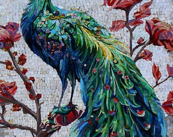 Handmade Peacock Mosaic Wall Art – Vibrant Stone Bird Design (50x32)