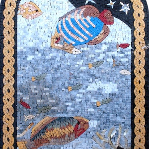 FISH MOSAIC MURALS |Star Fish Mosaic Tiles For New Home Kitchen And House Warming | Gold Fish Artwork Backsplash For Kitchen Wall Decor