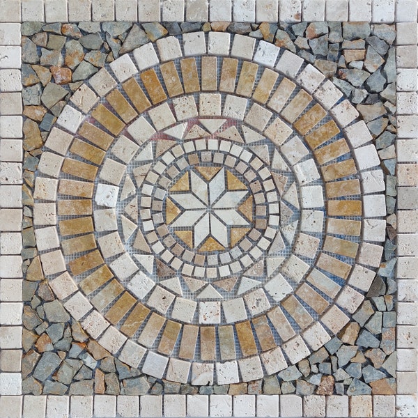 NATURSTEINMOSAIK | Einfache Farben, schönes und tropisches Kunstmosaik | Quadratische Form handgemachtes Mosaik | Medaillon-Mosaik | Garagendekor-Geschenk