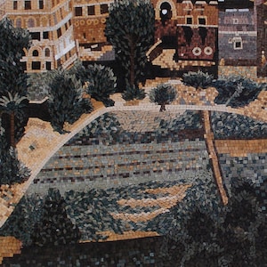 May include: A mosaic artwork depicting a cityscape with buildings, trees, and a path leading to a terraced garden. The mosaic is made of small, colourful tiles.